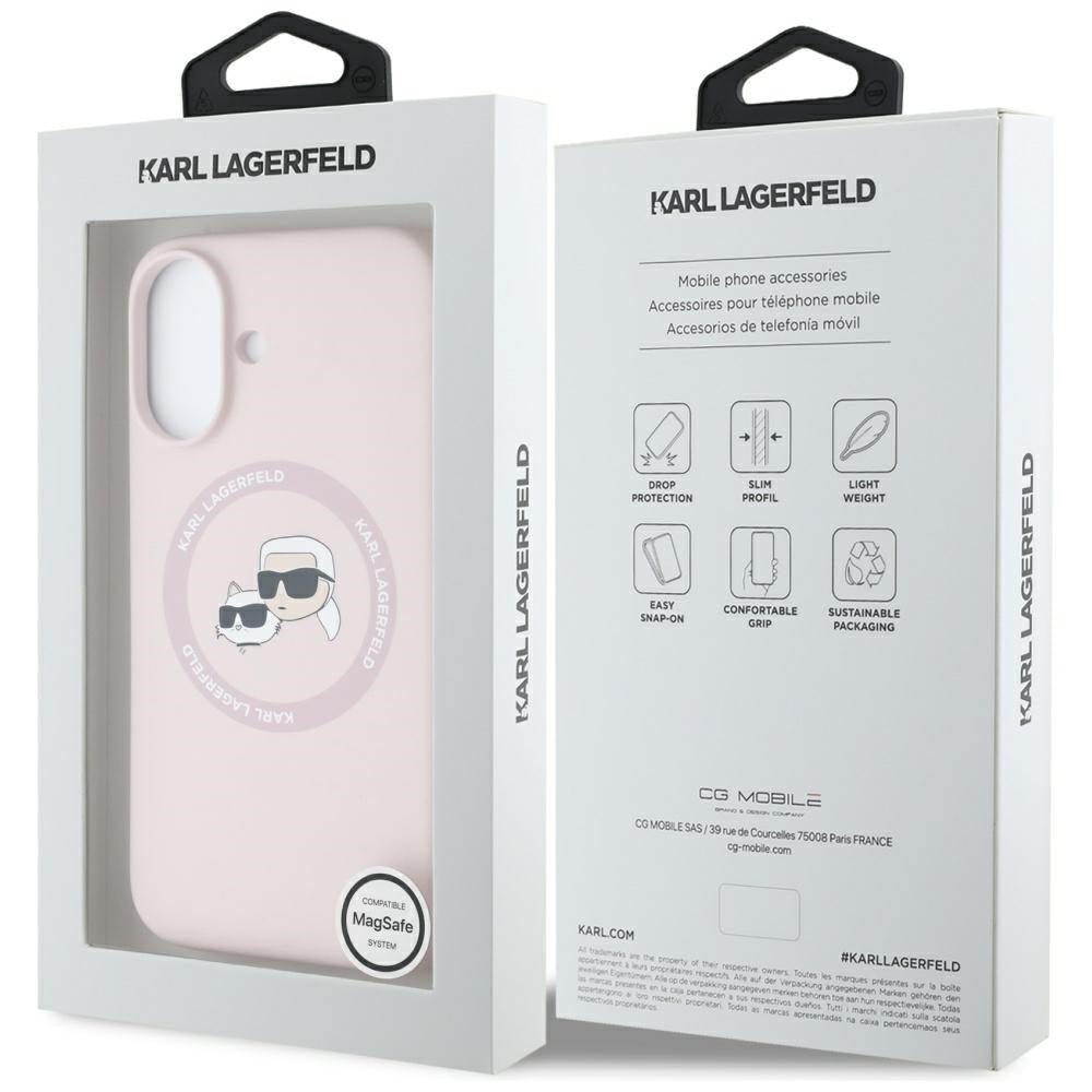 Custodia MagSafe per Apple iPhone 16, Karl Lagerfeld, Silicone Karl & Choupette's Heads, Rosa