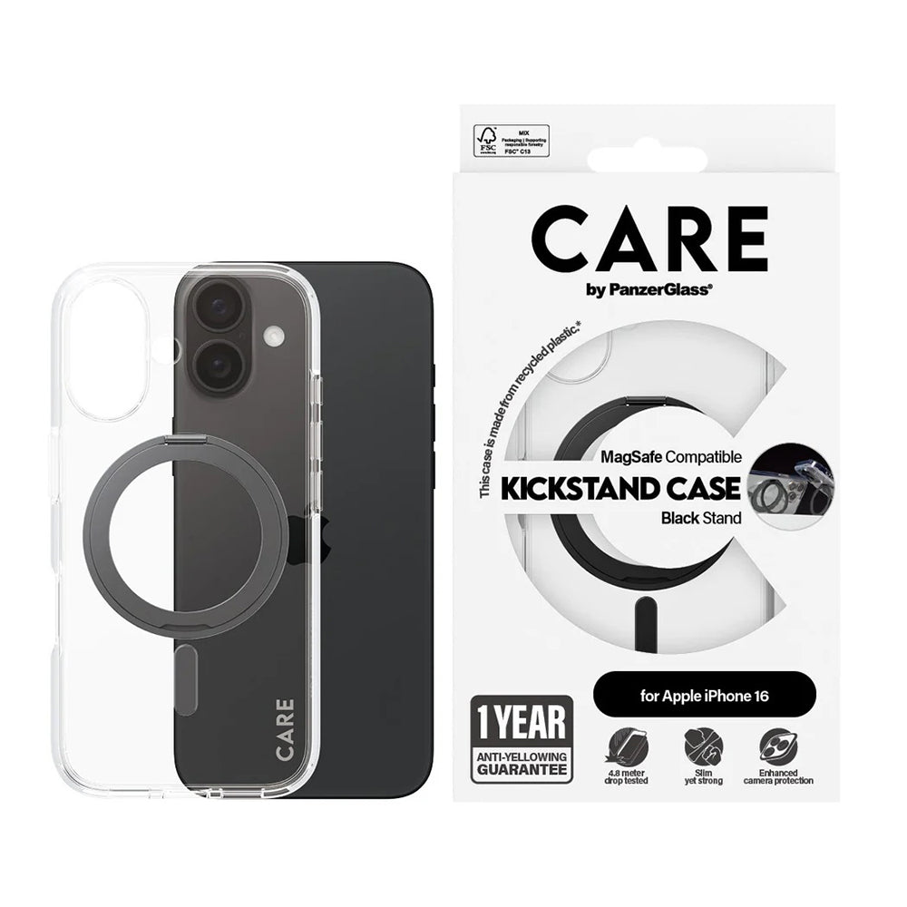 Custodia MagSafe per Apple iPhone 16, PanzerGlass, Care Feature Kickstand, Trasparente Nera