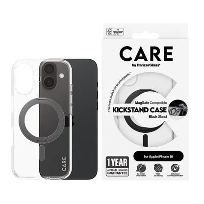 Custodia MagSafe per Apple iPhone 16, PanzerGlass, Care Feature Kickstand, Trasparente Nera