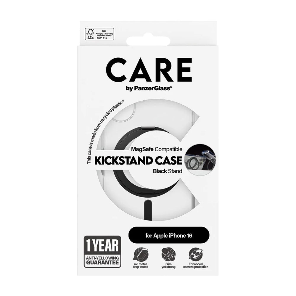 Custodia MagSafe per Apple iPhone 16, PanzerGlass, Care Feature Kickstand, Trasparente Nera