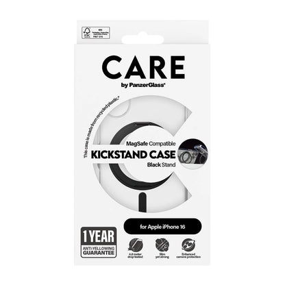 Custodia MagSafe per Apple iPhone 16, PanzerGlass, Care Feature Kickstand, Trasparente Nera