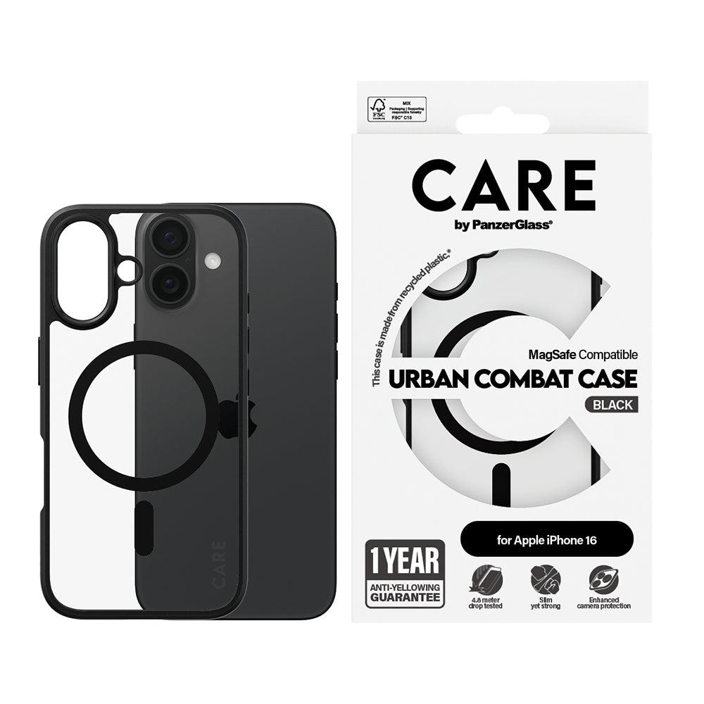 Custodia MagSafe per Apple iPhone 16, PanzerGlass, Care Urban Combat, Nera Trasparente