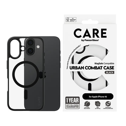 Custodia MagSafe per Apple iPhone 16, PanzerGlass, Care Urban Combat, Nera Trasparente