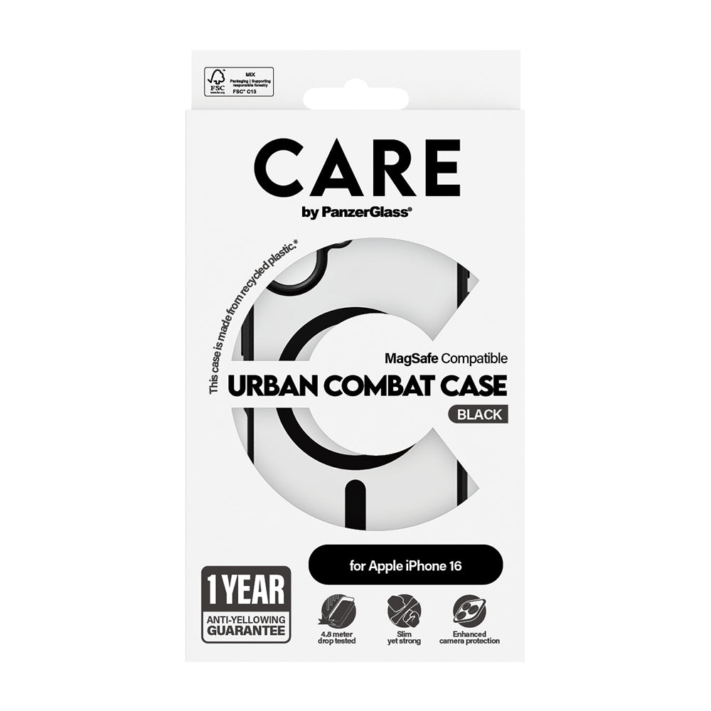 Custodia MagSafe per Apple iPhone 16, PanzerGlass, Care Urban Combat, Nera Trasparente