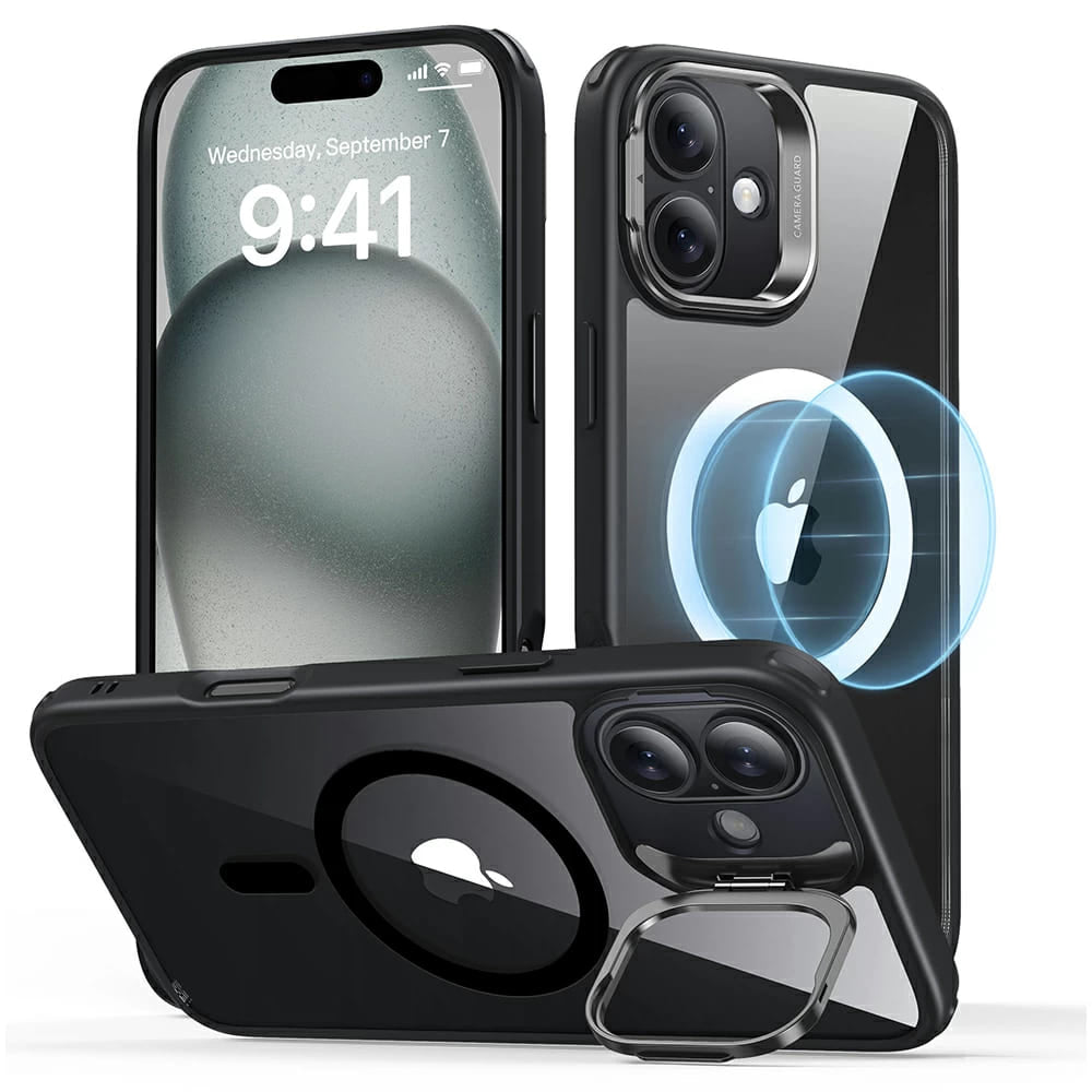 Custodia MagSafe per Apple iPhone 16 Plus, ESR, Classic Hybrid Kickstand, Nera Trasparente