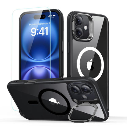 Custodia MagSafe per Apple iPhone 16 Plus, ESR, Classic Hybrid Kickstand con Protezione Schermo, Nera Trasparente