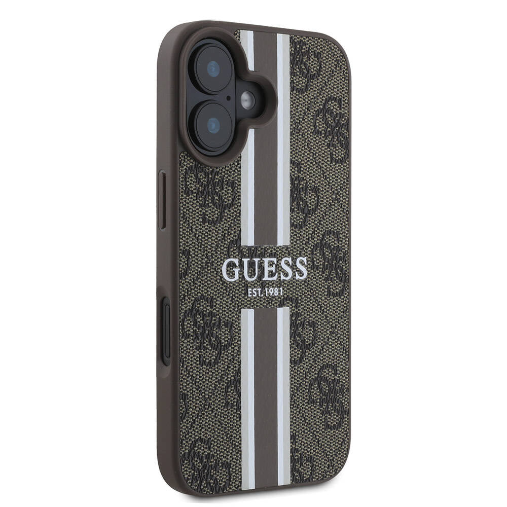 Custodia MagSafe per Apple iPhone 16 Plus, Guess, 4G Printed Stripes, Marrone