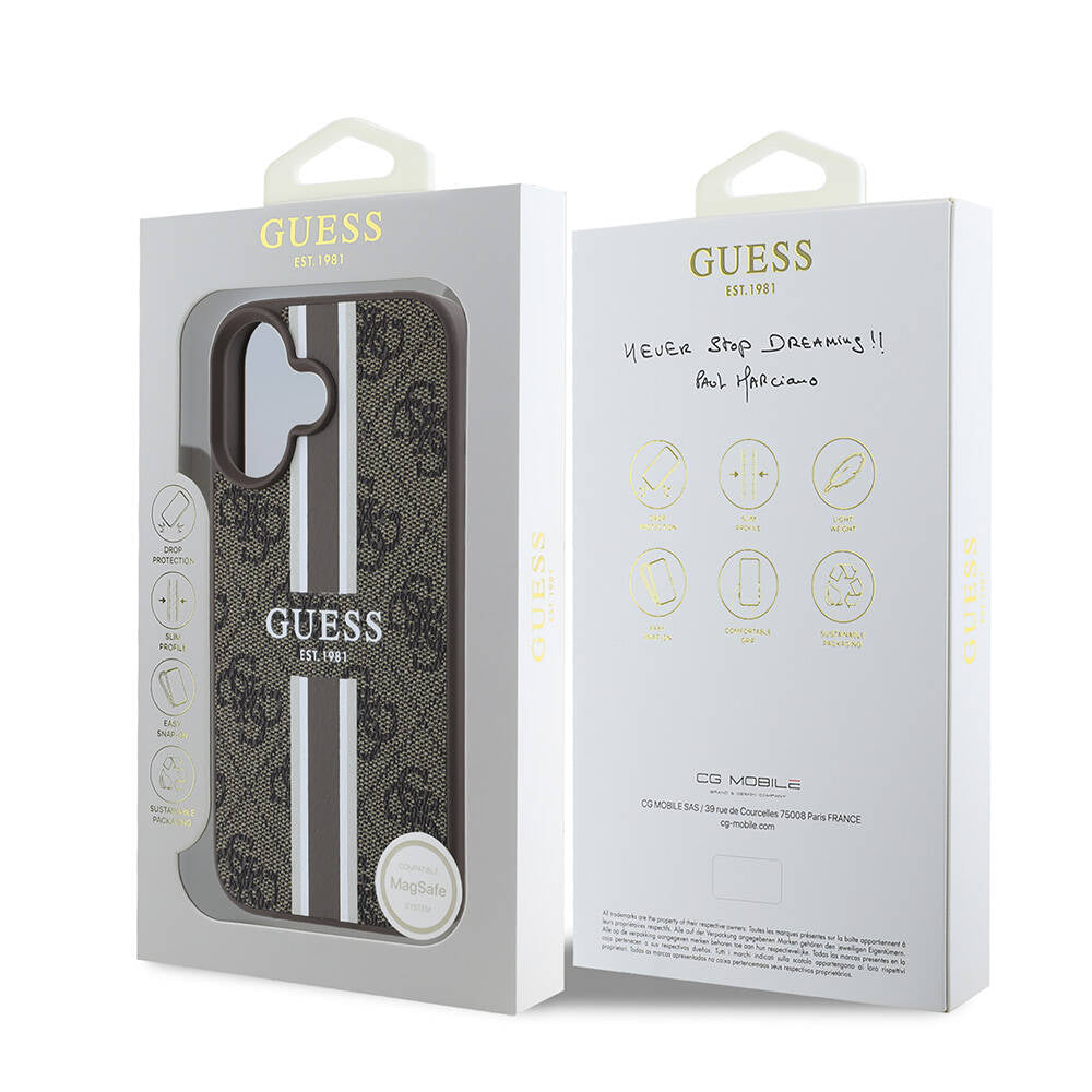 Custodia MagSafe per Apple iPhone 16 Plus, Guess, 4G Printed Stripes, Marrone