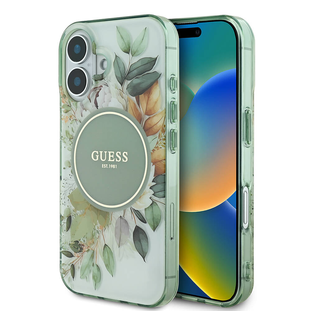 Custodia MagSafe per Apple iPhone 16 Plus, Guess, IML Flower & Tonal Circle, Verde