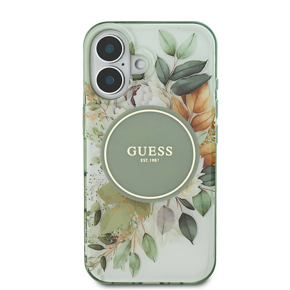Custodia MagSafe per Apple iPhone 16 Plus, Guess, IML Flower & Tonal Circle, Verde
