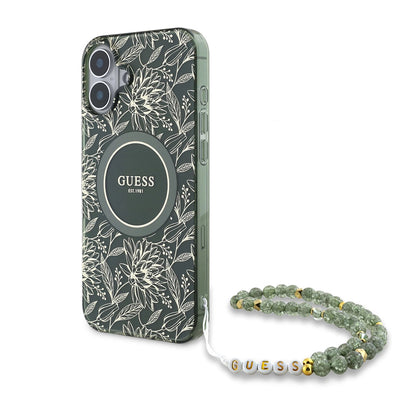 Custodia MagSafe per Apple iPhone 16 Plus, Guess, IML Flowers Allover Electroplated with Pearl Strap, Verde