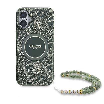 Custodia MagSafe per Apple iPhone 16 Plus, Guess, IML Flowers Allover Electroplated with Pearl Strap, Verde
