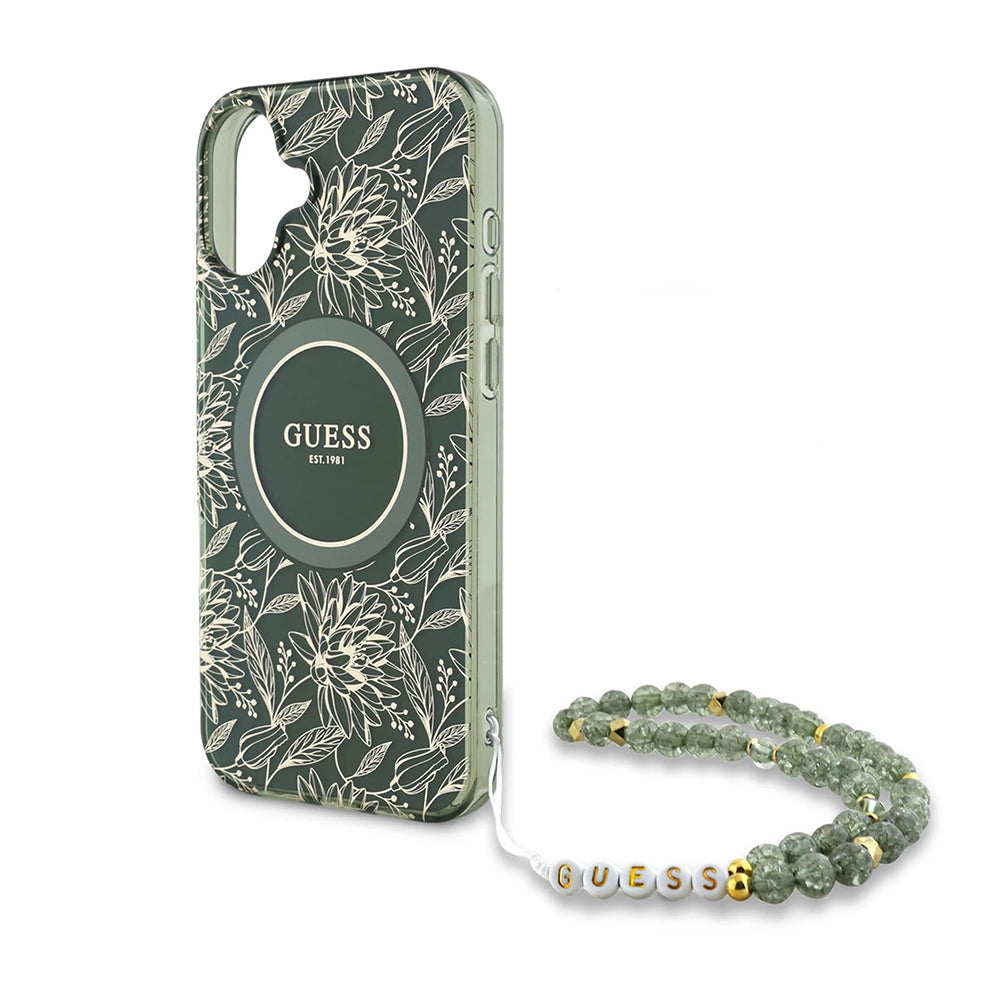 Custodia MagSafe per Apple iPhone 16 Plus, Guess, IML Flowers Allover Electroplated with Pearl Strap, Verde