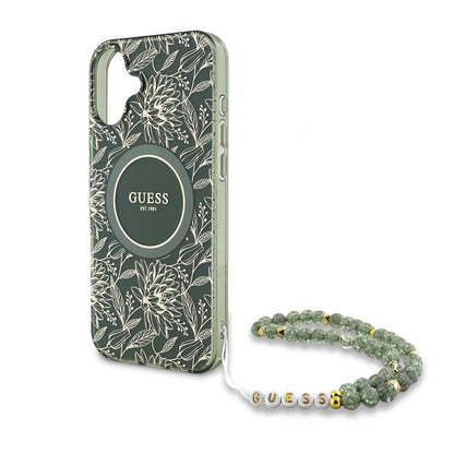 Custodia MagSafe per Apple iPhone 16 Plus, Guess, IML Flowers Allover Electroplated with Pearl Strap, Verde
