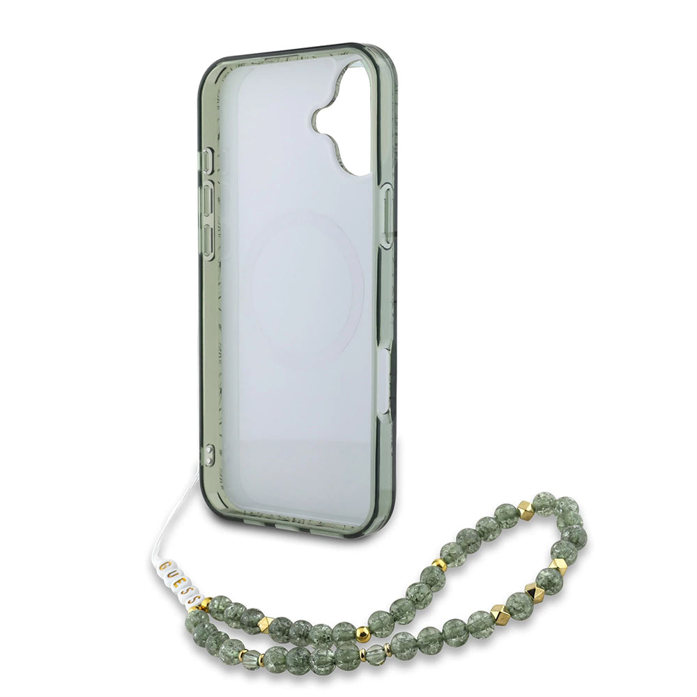 Custodia MagSafe per Apple iPhone 16 Plus, Guess, IML Flowers Allover Electroplated with Pearl Strap, Verde