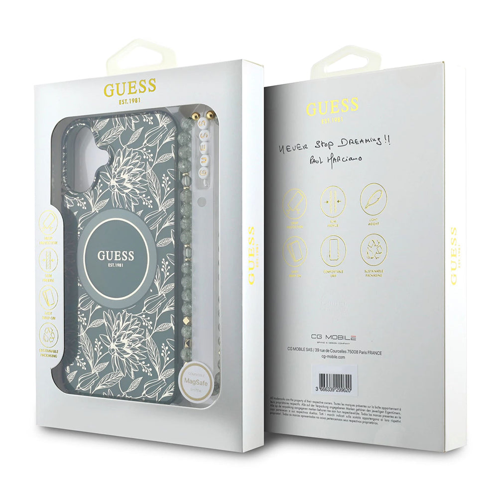 Custodia MagSafe per Apple iPhone 16 Plus, Guess, IML Flowers Allover Electroplated with Pearl Strap, Verde
