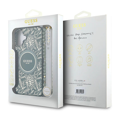 Custodia MagSafe per Apple iPhone 16 Plus, Guess, IML Flowers Allover Electroplated with Pearl Strap, Verde