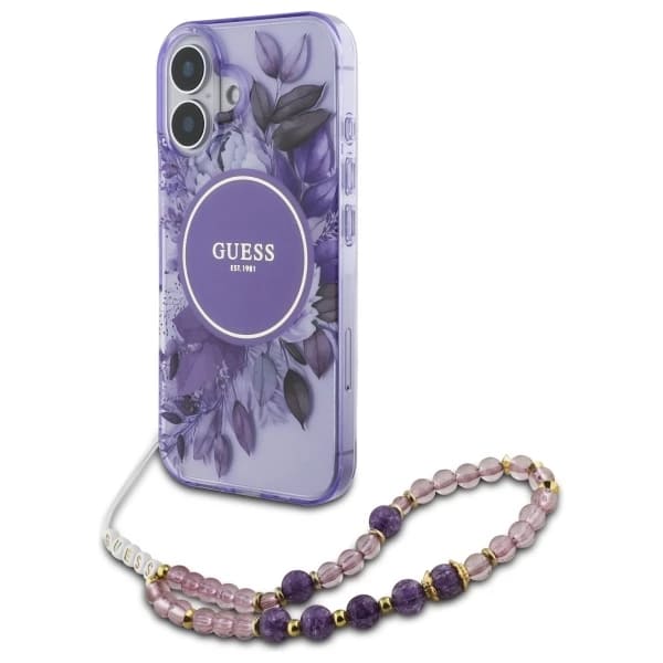 Custodia MagSafe per Apple iPhone 16 Plus, Guess, IML Flowers with Pearl Strap, Viola