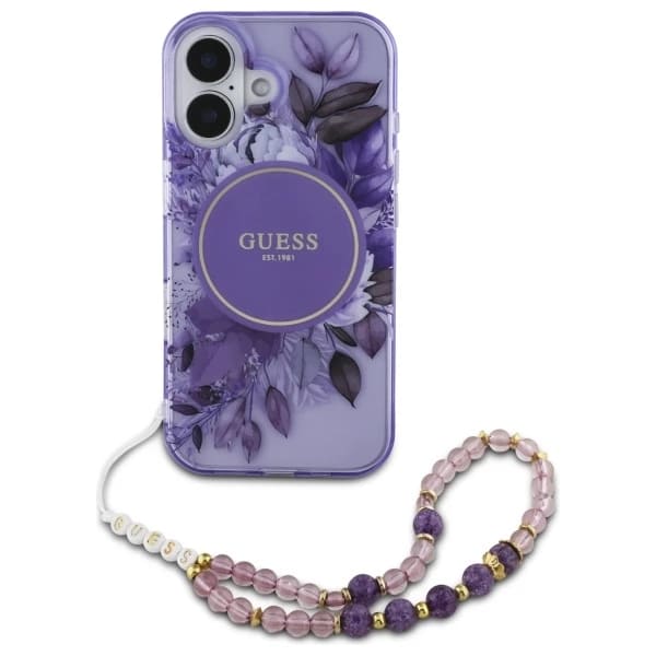 Custodia MagSafe per Apple iPhone 16 Plus, Guess, IML Flowers with Pearl Strap, Viola