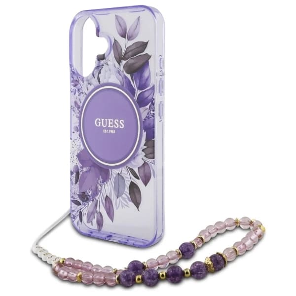 Custodia MagSafe per Apple iPhone 16 Plus, Guess, IML Flowers with Pearl Strap, Viola