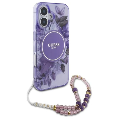 Custodia MagSafe per Apple iPhone 16 Plus, Guess, IML Flowers with Pearl Strap, Viola