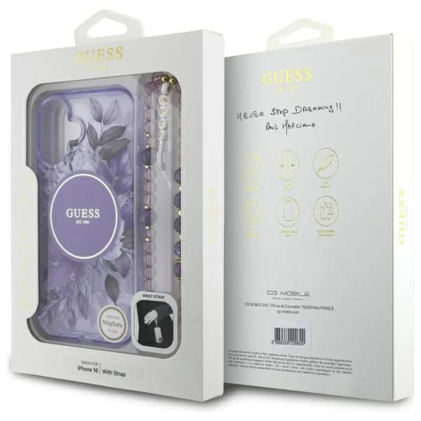 Custodia MagSafe per Apple iPhone 16 Plus, Guess, IML Flowers with Pearl Strap, Viola