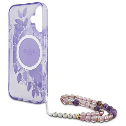 Custodia MagSafe per Apple iPhone 16 Plus, Guess, IML Flowers with Pearl Strap, Viola