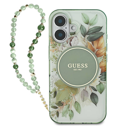 Custodia MagSafe per Apple iPhone 16 Plus, Guess, IML Flowers with Pearl Strap, Verde