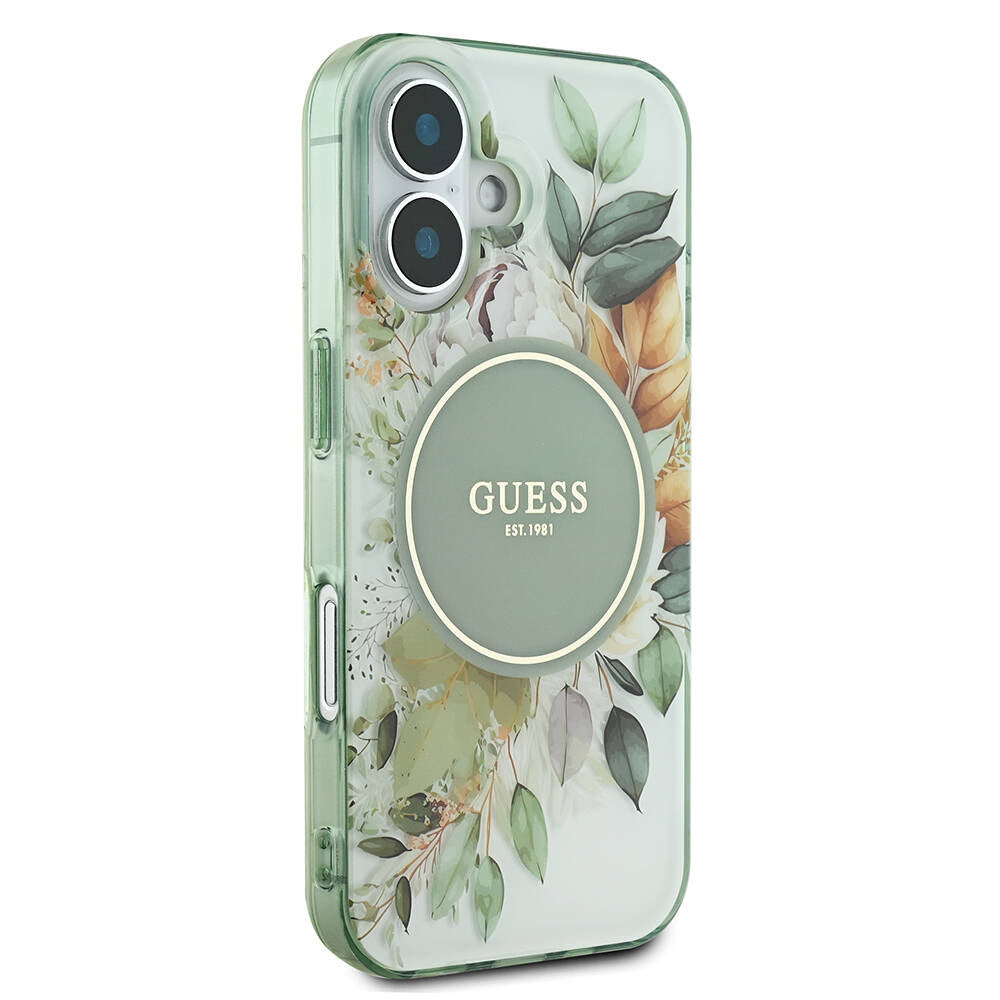 Custodia MagSafe per Apple iPhone 16 Plus, Guess, IML Flowers with Pearl Strap, Verde