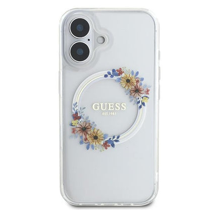 MagSafe Case for Apple iPhone 16 Plus, Guess, IML Flowers Wreath, Transparent