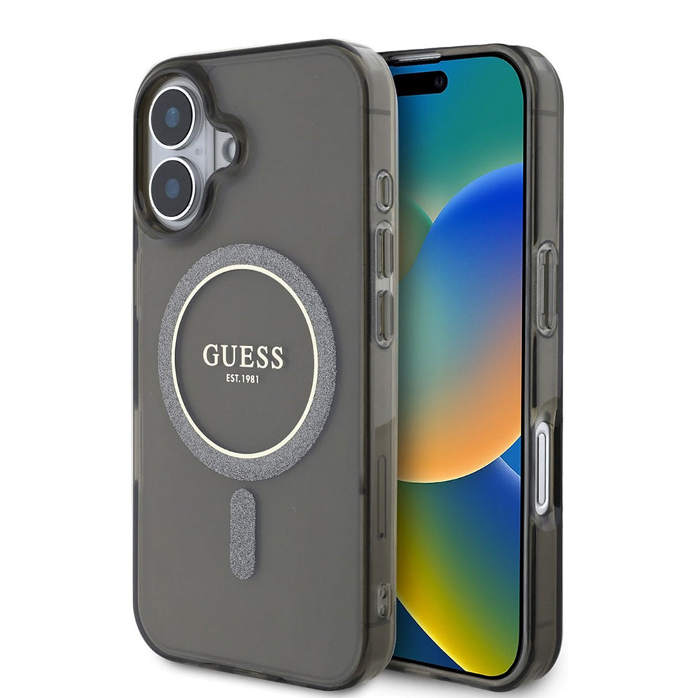 Custodia MagSafe per Apple iPhone 16 Plus, Guess, IML Glitter Circle, Nera