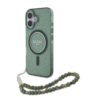 Custodia MagSafe per Apple iPhone 16 Plus, Guess, IML Glitter con Cinturino di Perle, Verde