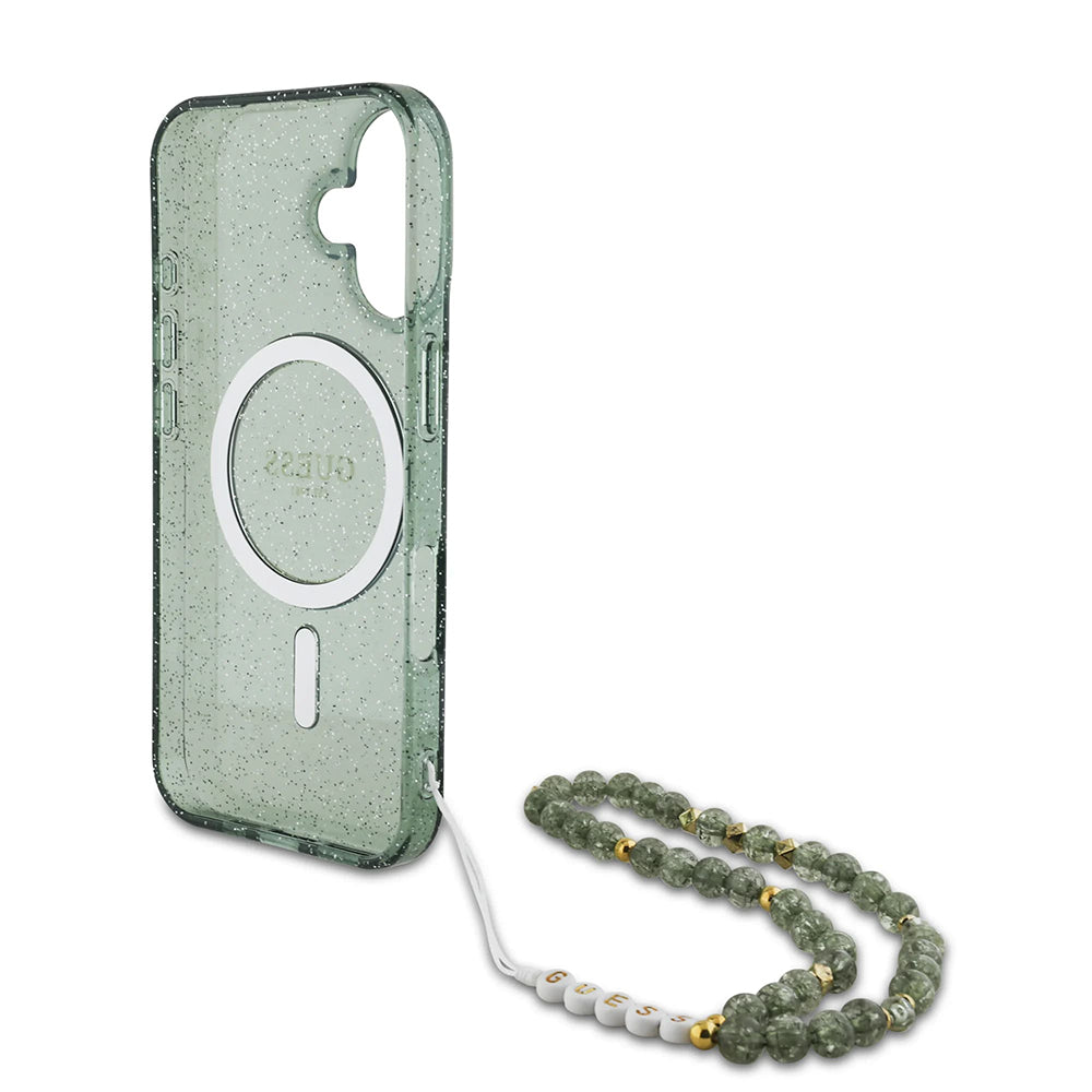 Custodia MagSafe per Apple iPhone 16 Plus, Guess, IML Glitter con Cinturino di Perle, Verde