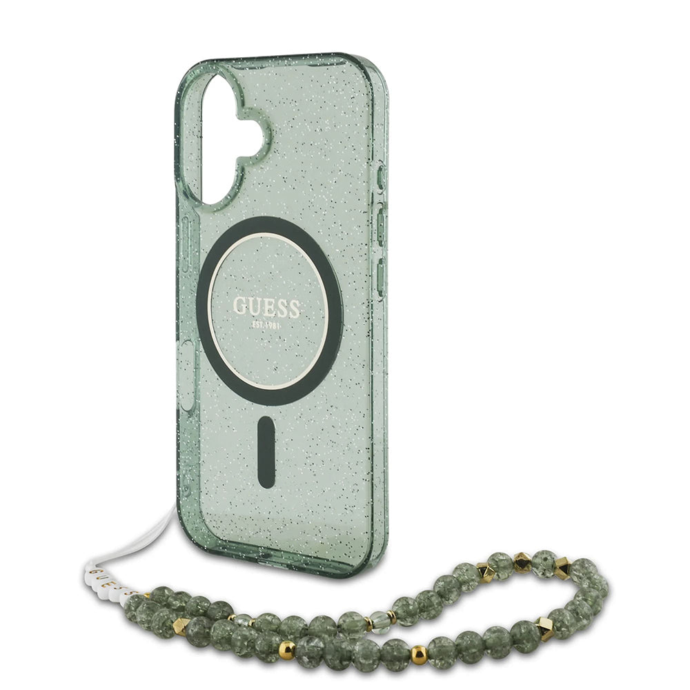 Custodia MagSafe per Apple iPhone 16 Plus, Guess, IML Glitter con Cinturino di Perle, Verde