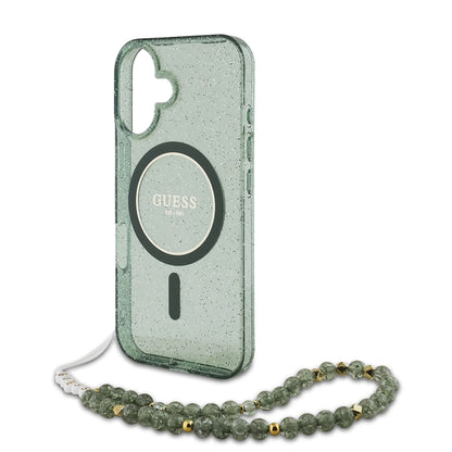 Custodia MagSafe per Apple iPhone 16 Plus, Guess, IML Glitter con Cinturino di Perle, Verde