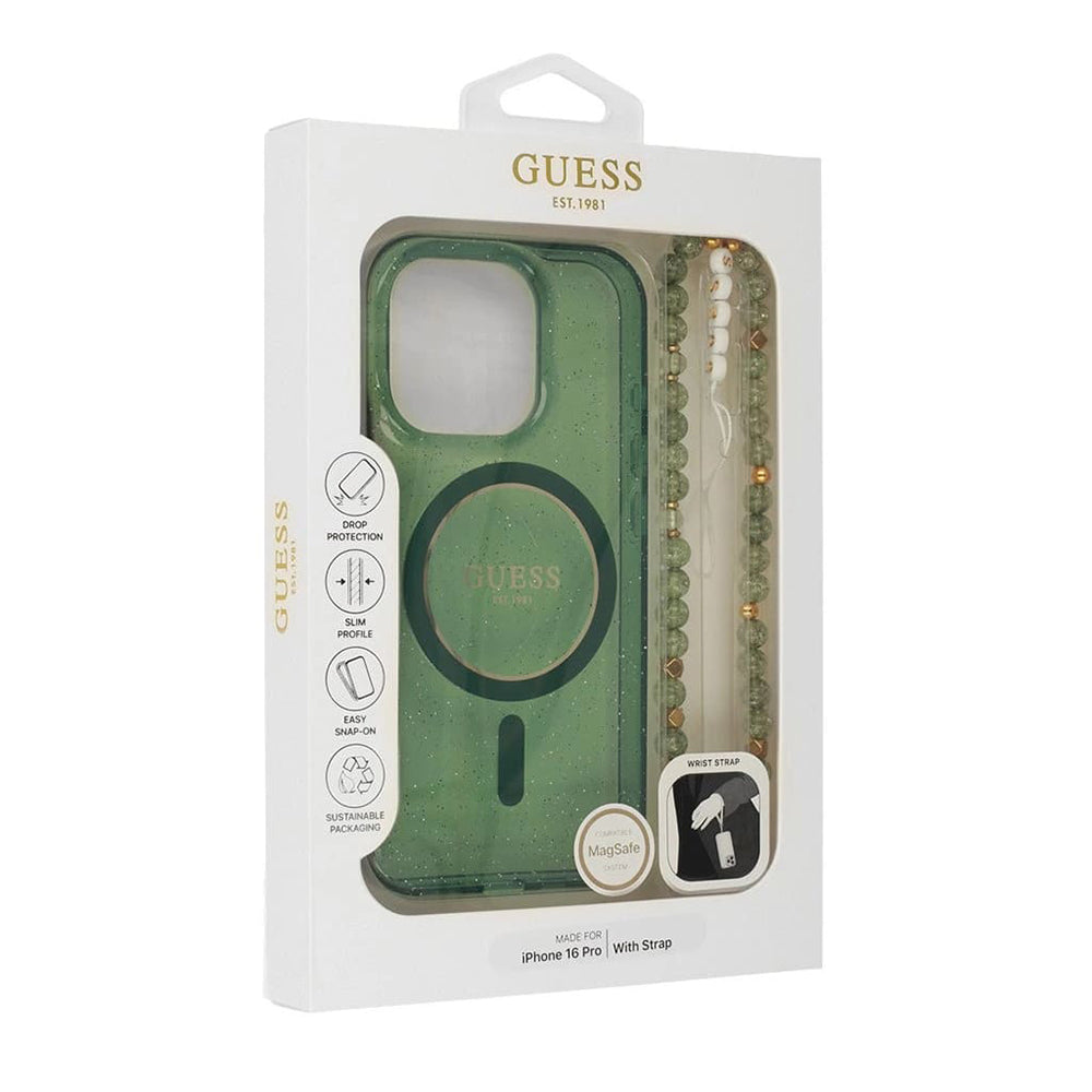 Custodia MagSafe per Apple iPhone 16 Plus, Guess, IML Glitter con Cinturino di Perle, Verde