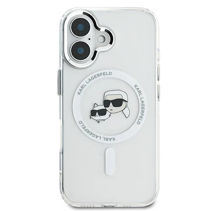 MagSafe Case for Apple iPhone 16 Plus, Karl Lagerfeld, IML Metal Karl & Choupette's Heads, White