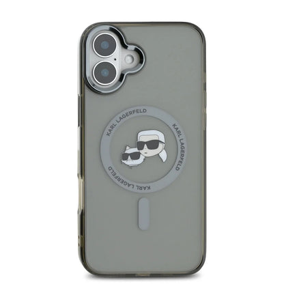 MagSafe Case for Apple iPhone 16 Plus, Karl Lagerfeld, IML Metal Karl & Choupette's Heads, Black