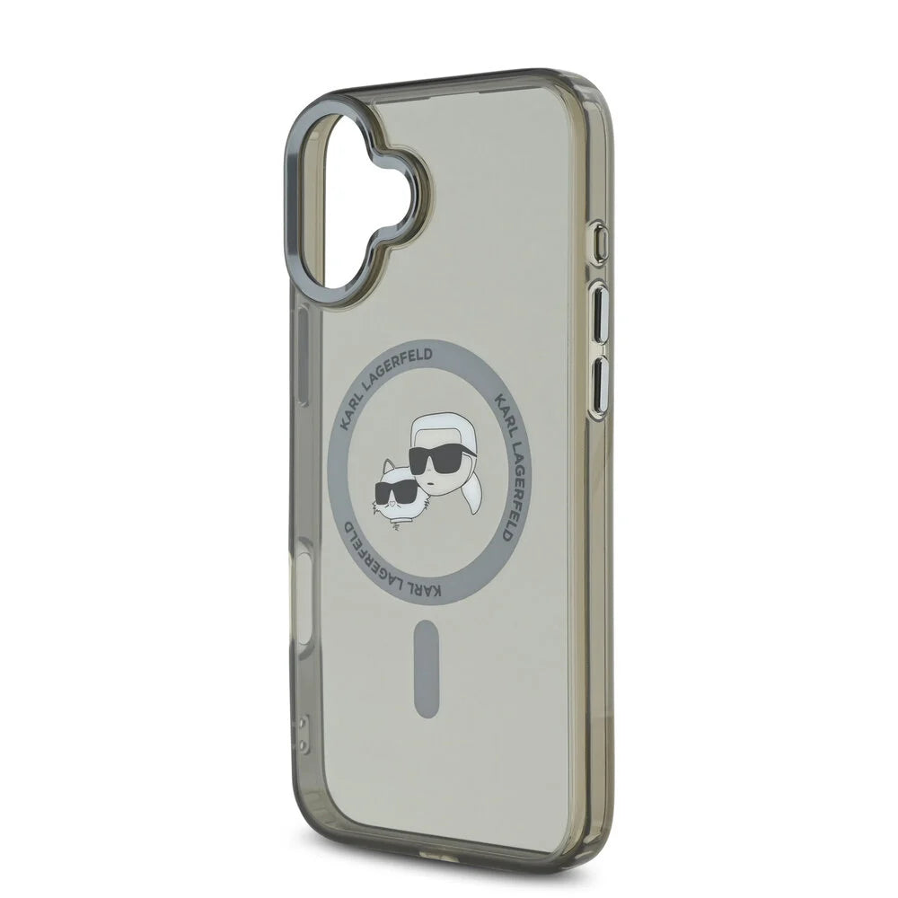 MagSafe Case for Apple iPhone 16 Plus, Karl Lagerfeld, IML Metal Karl & Choupette's Heads, Black