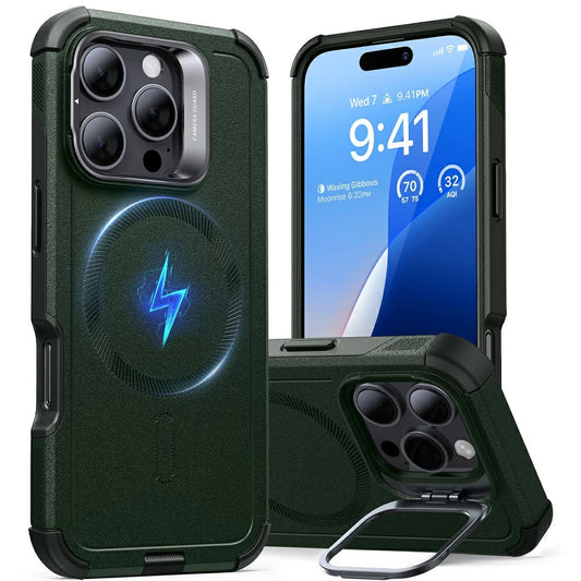 Custodia MagSafe per Apple iPhone 16 Pro, ESR, Cyber Armor Kickstand, Verde