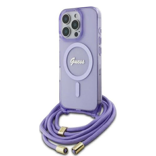 Custodia MagSafe per Apple iPhone 16 Pro, Guess, IML Crossbody Cord Script, Viola