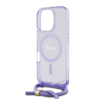 Custodia MagSafe per Apple iPhone 16 Pro, Guess, IML Crossbody Cord Script, Viola
