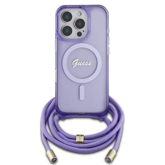 Custodia MagSafe per Apple iPhone 16 Pro, Guess, IML Crossbody Cord Script, Viola