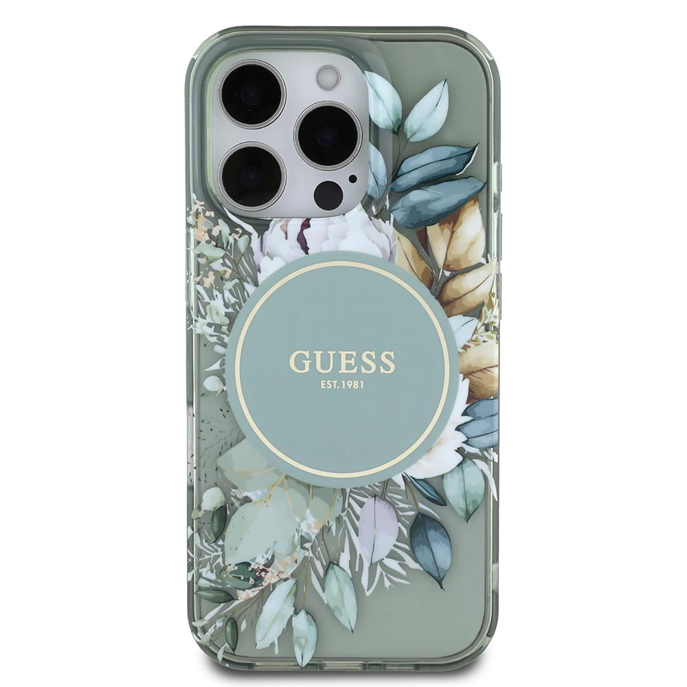 Custodia MagSafe per Apple iPhone 16 Pro, Guess, IML Flower & Tonal Circle, Verde