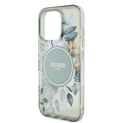 Custodia MagSafe per Apple iPhone 16 Pro, Guess, IML Flower & Tonal Circle, Verde