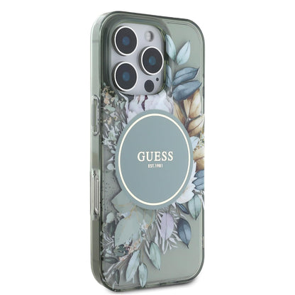 Custodia MagSafe per Apple iPhone 16 Pro, Guess, IML Flower & Tonal Circle, Verde