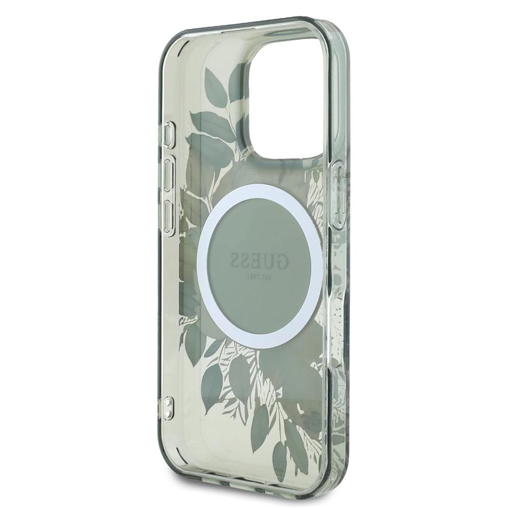 Custodia MagSafe per Apple iPhone 16 Pro, Guess, IML Flower & Tonal Circle, Verde