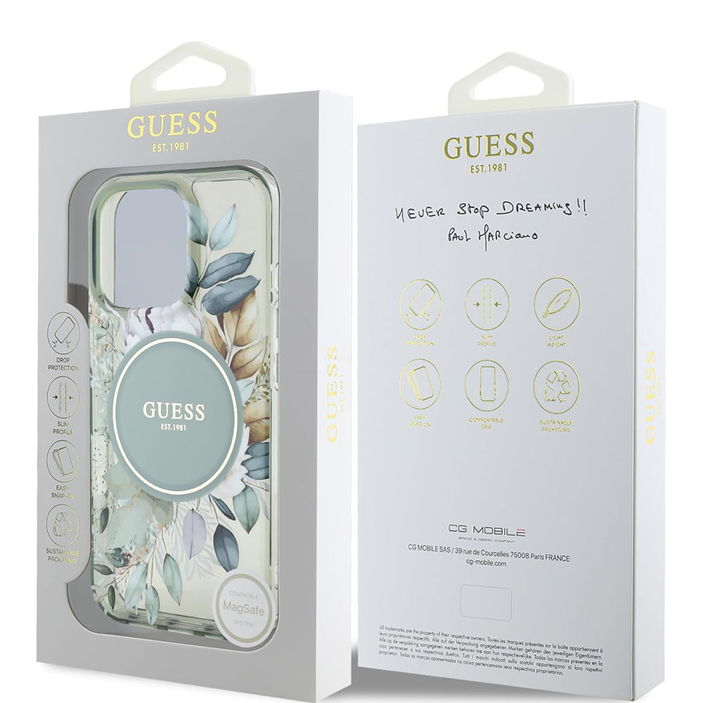Custodia MagSafe per Apple iPhone 16 Pro, Guess, IML Flower & Tonal Circle, Verde
