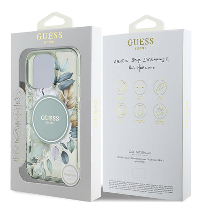 Custodia MagSafe per Apple iPhone 16 Pro, Guess, IML Flower & Tonal Circle, Verde