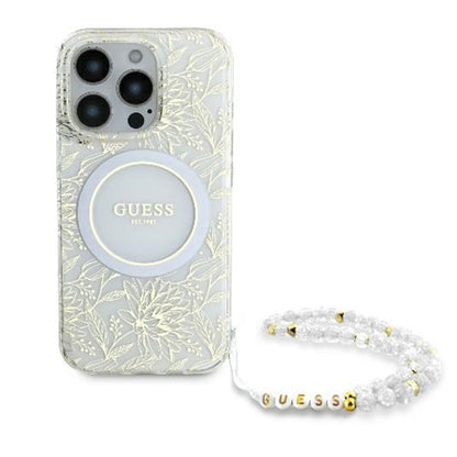 Custodia MagSafe per Apple iPhone 16 Pro, Guess, IML Flowers Allover Electroplated with Pearl Strap, Bianca